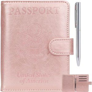 Rose Gold Leather Passport Holder Cover Case RFID Blocking Travel Wallet